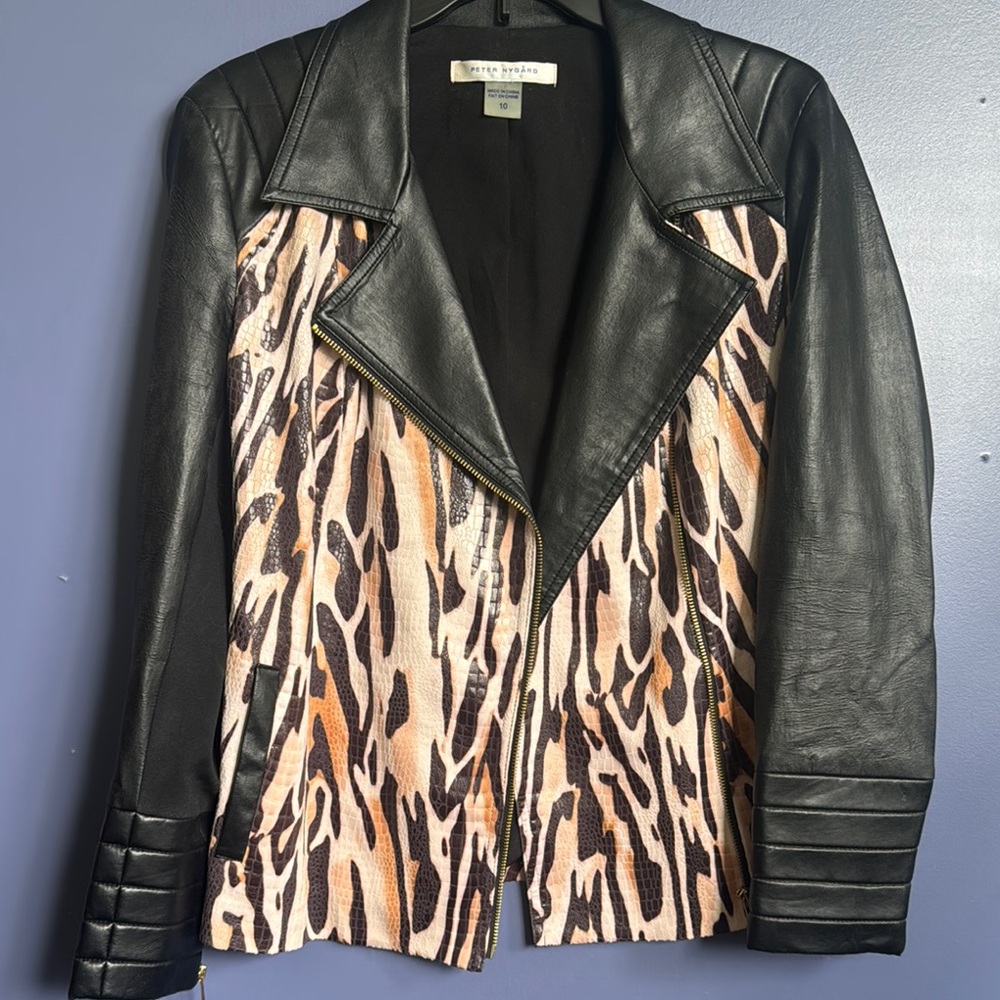 Peter Nygard Black Leather Jacket with Animal Print